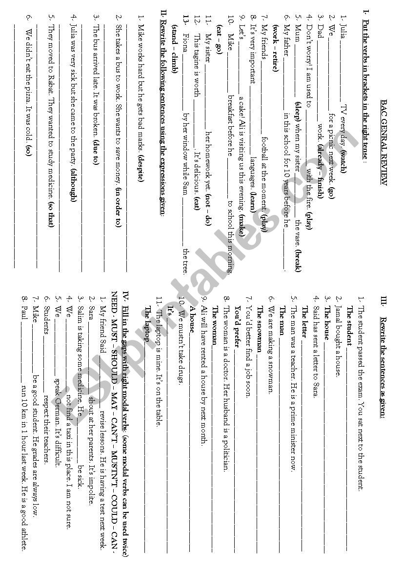 Bac General Language & Vocabulary Review  (2 pages)