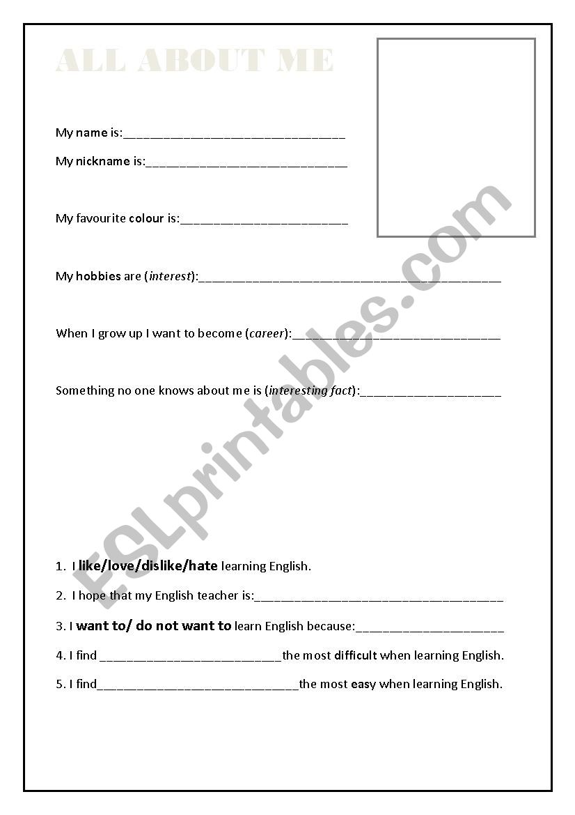 All about me worksheet