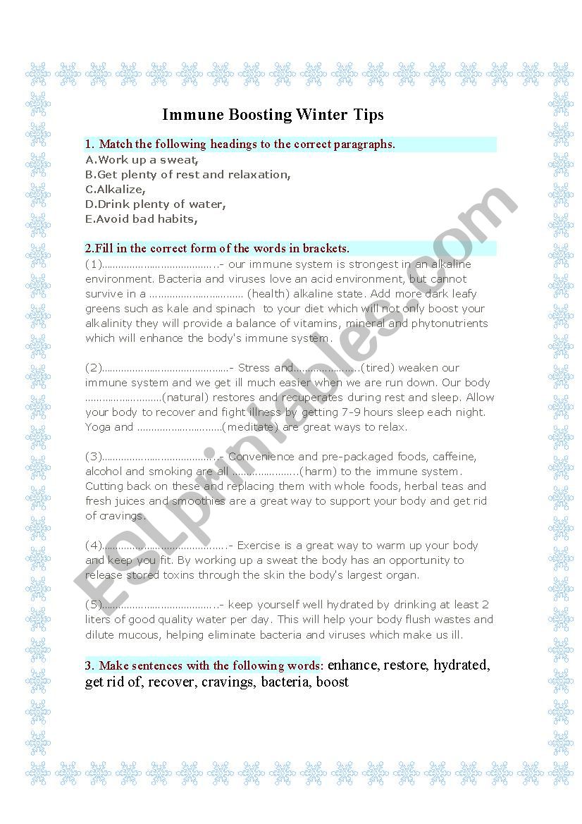 IMMUNE BOOSTING WINTER TIPS worksheet