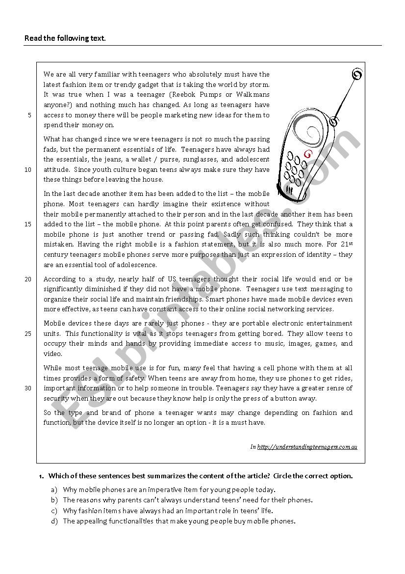 Teens and mobiles worksheet