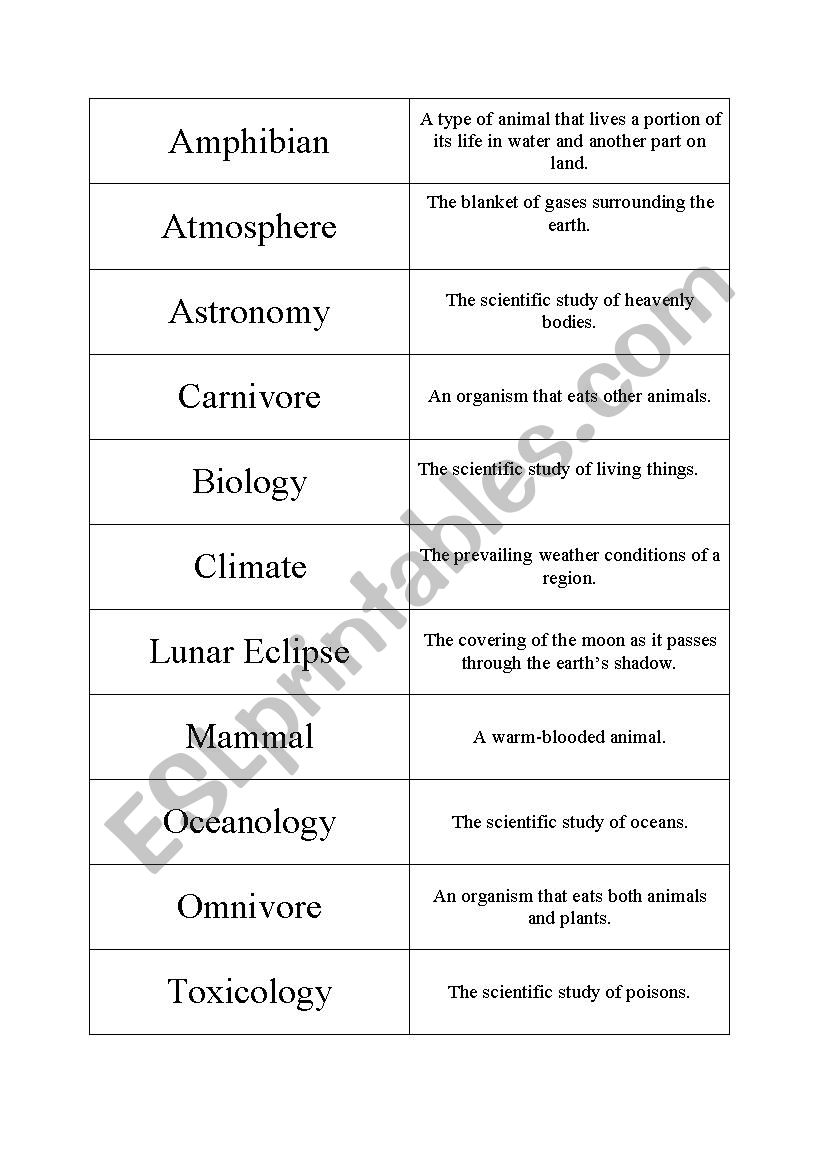 Science terms - matching game worksheet
