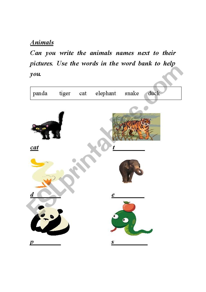 Animals Gap Fill worksheet