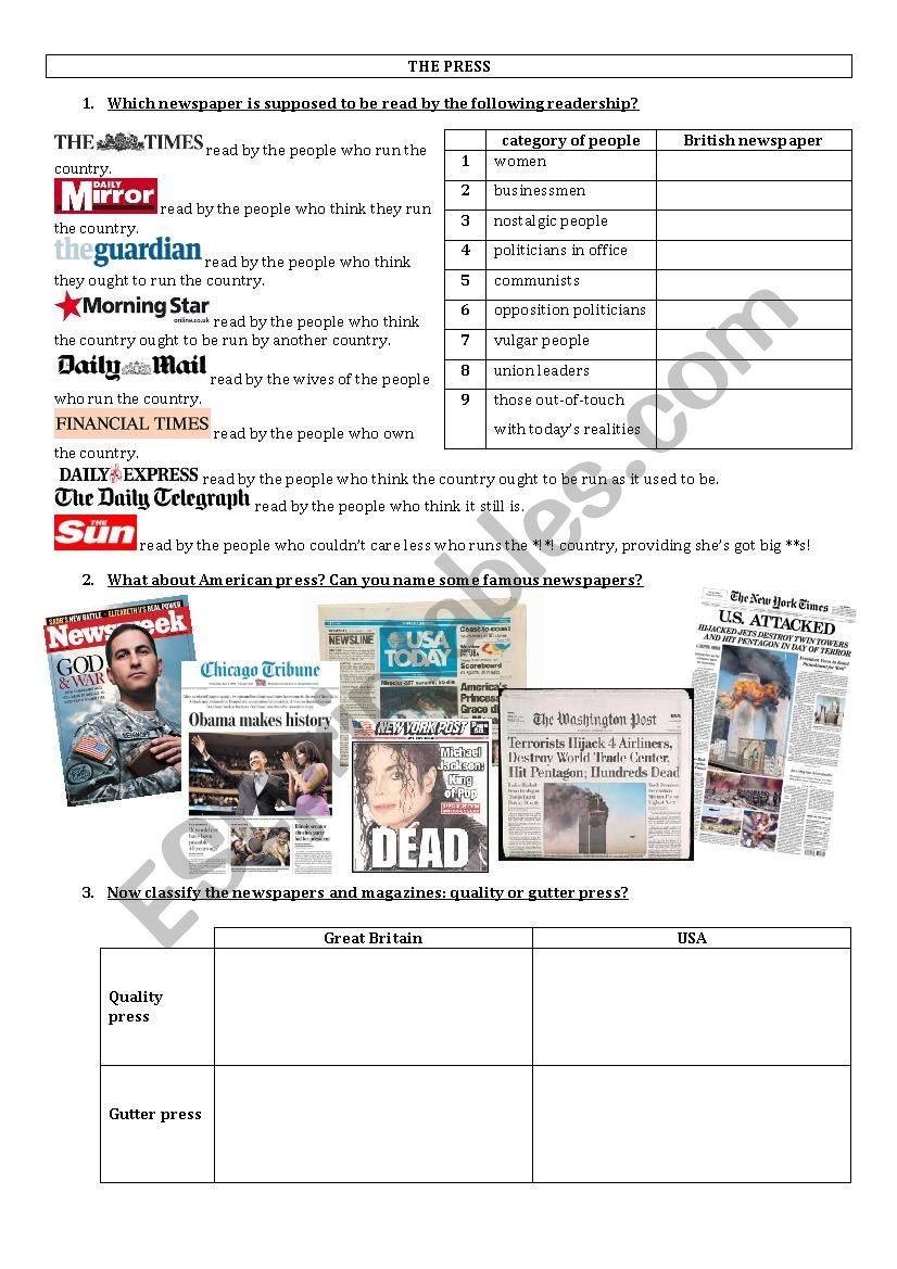 The Press worksheet