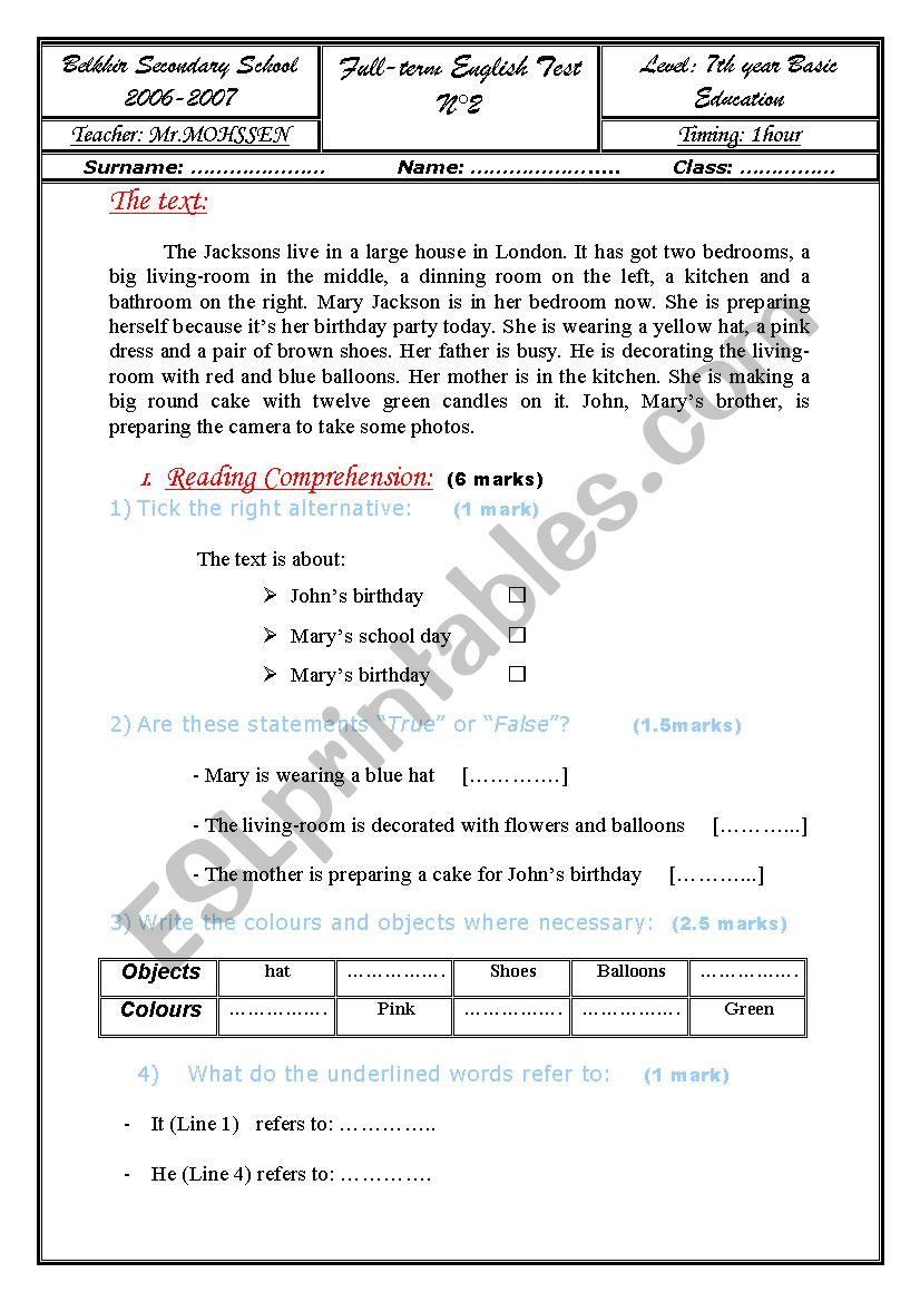 exam 7th year worksheet