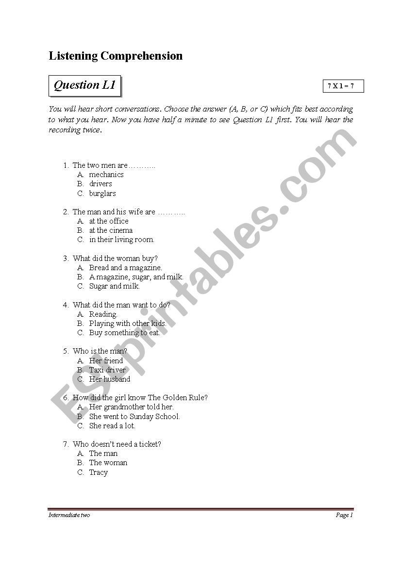 the listening test for the English Examination, Intermediate Two. (part one)