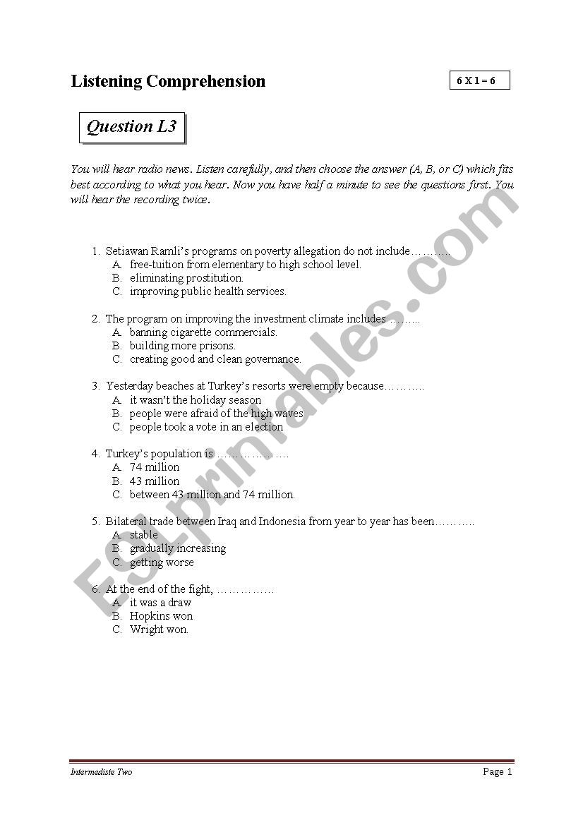 the listening test for the English Examination, Intermediate Two. (part two)