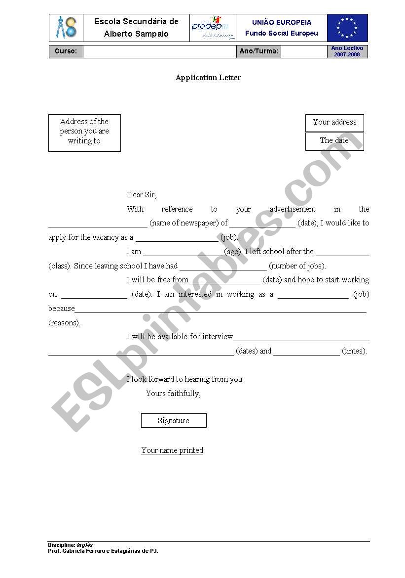 Application Letter worksheet