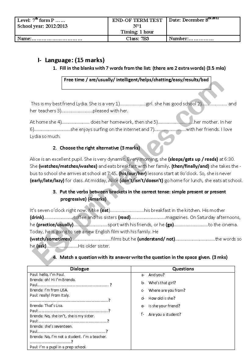 Full Term Test N1 worksheet