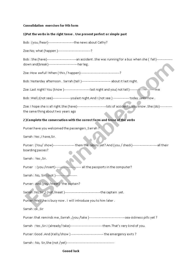 consolidation exercises for 9th form Tunisian students