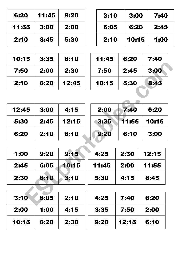 time bingo worksheet