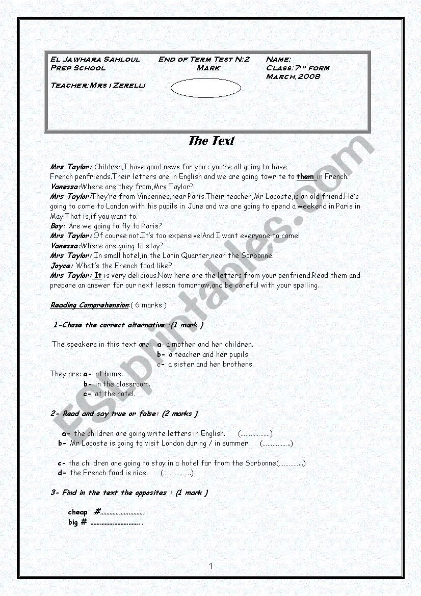 end of term test N: 2 worksheet