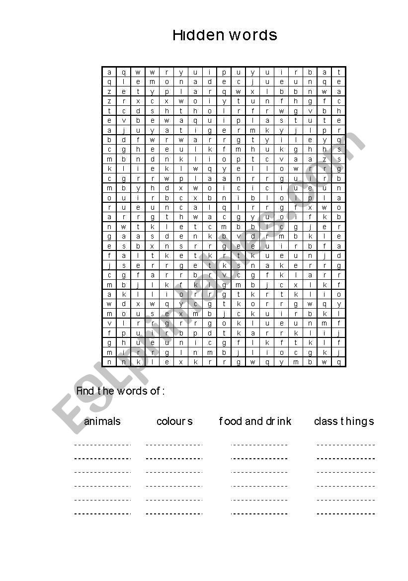 vocabulary wordsearch (animals, colours, food, drink & class things)