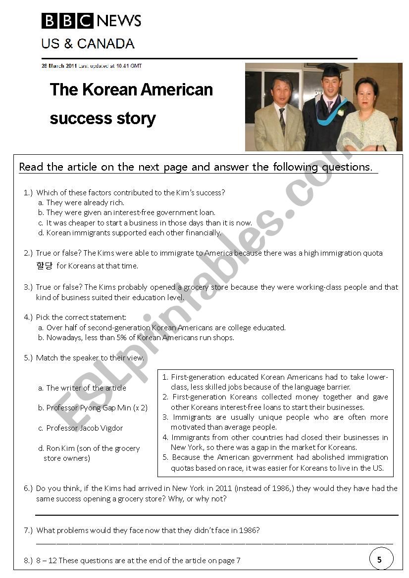 The Korean American Success Story Article and Reading Comprehension