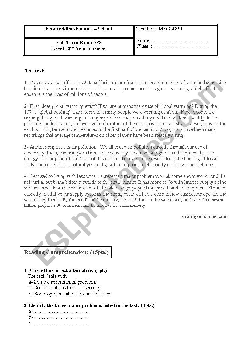 Devoir de synthese 2nd form  worksheet