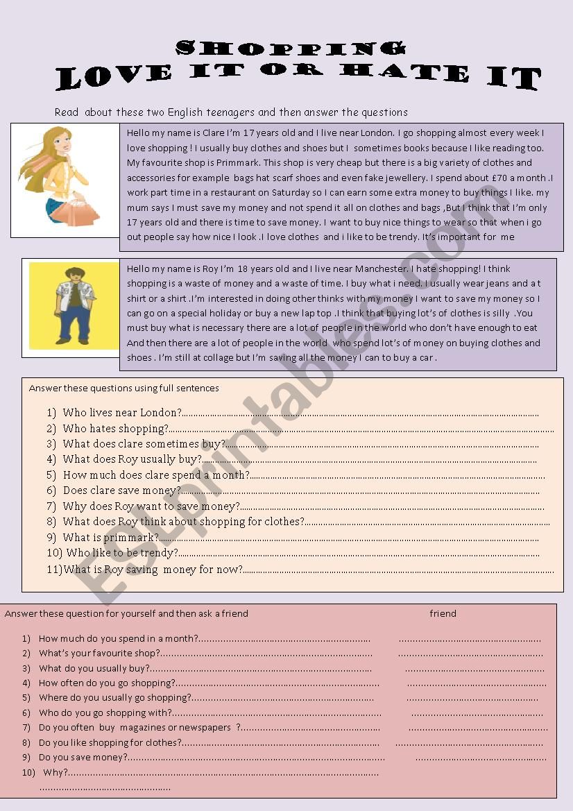  shopping love it or hate it  worksheet