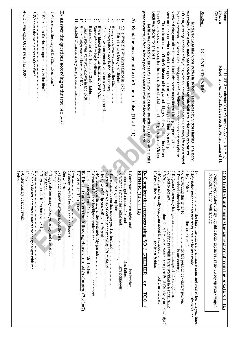 11 th grade exam worksheet