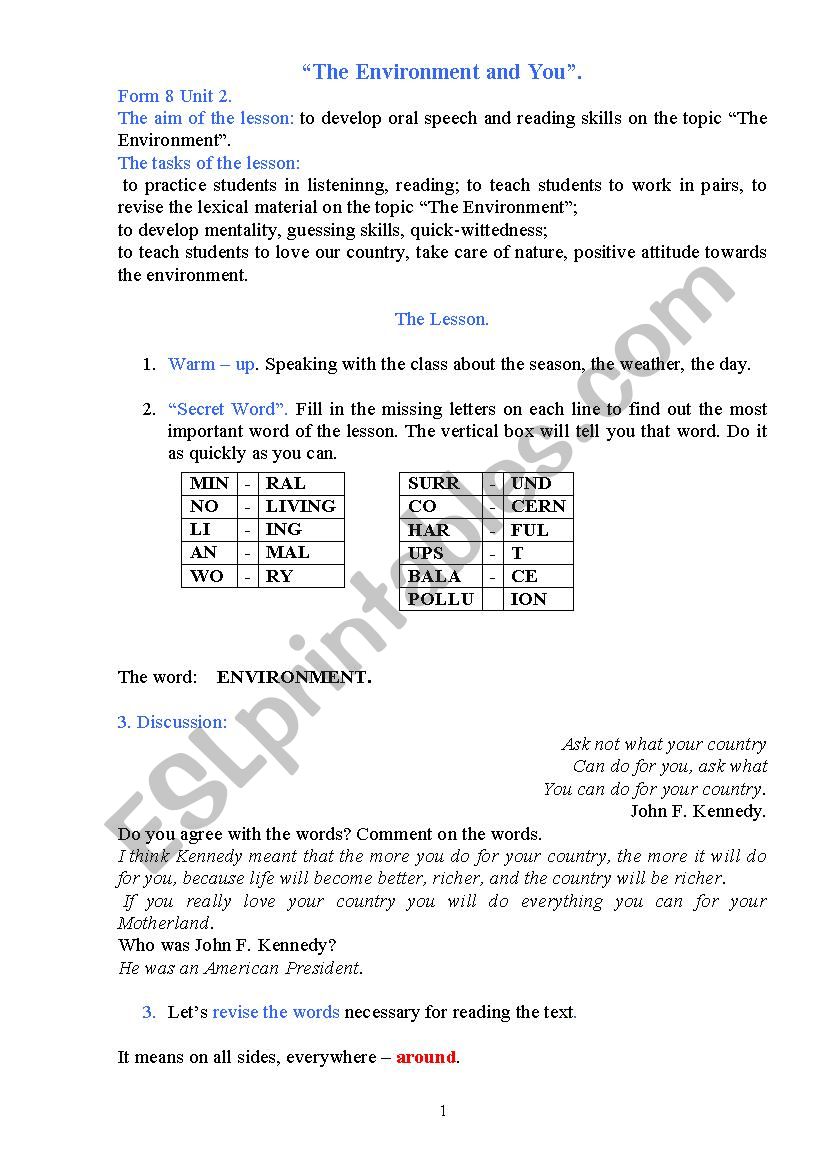 The Environment and You worksheet
