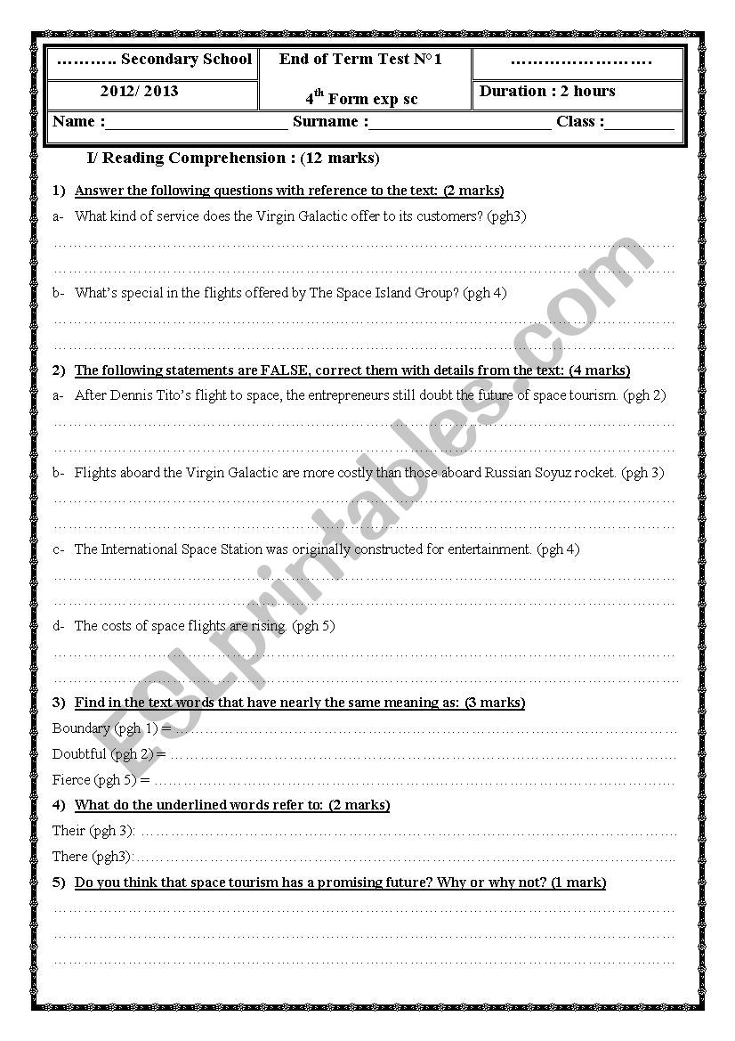 End of term test 1 bac worksheet