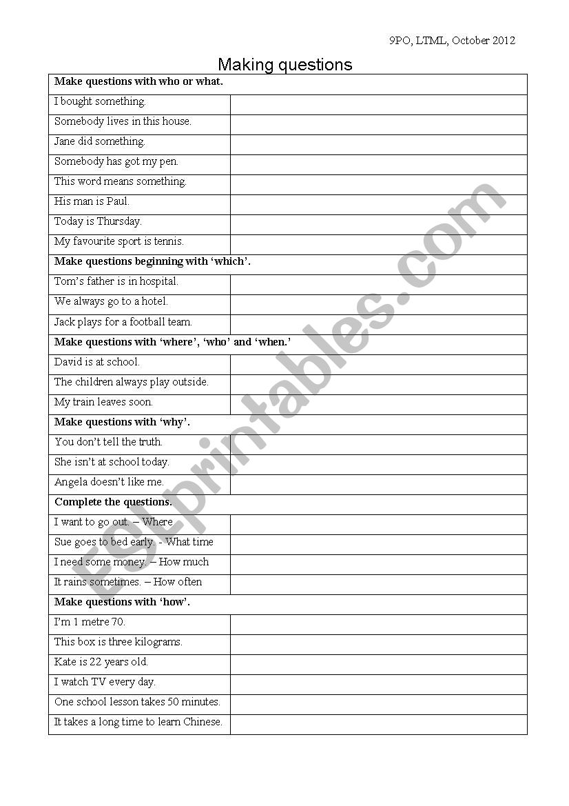 Question word practice worksheet