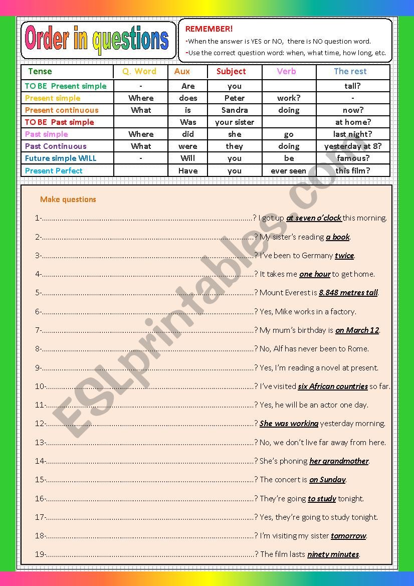 Order in Questions worksheet