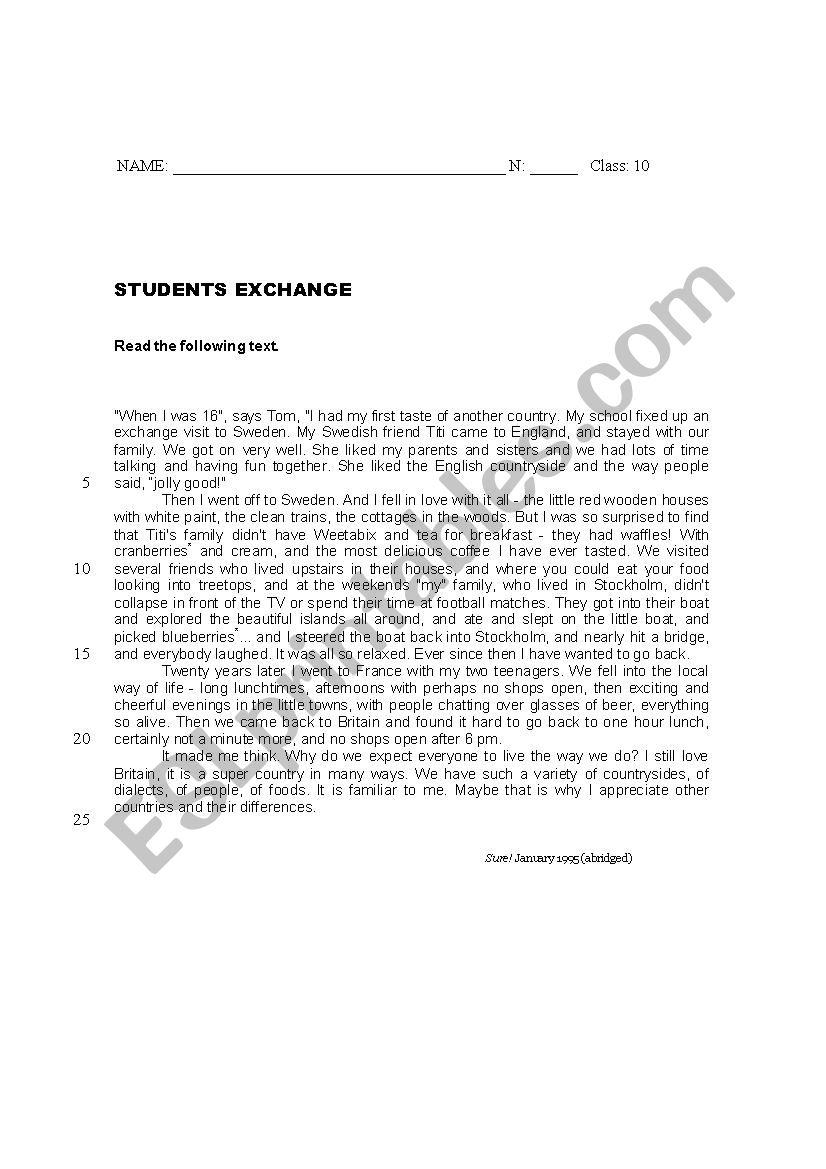 Students exchange worksheet