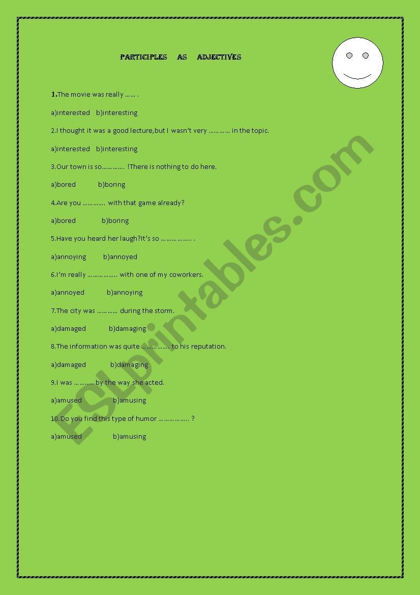participle as adjectives worksheet