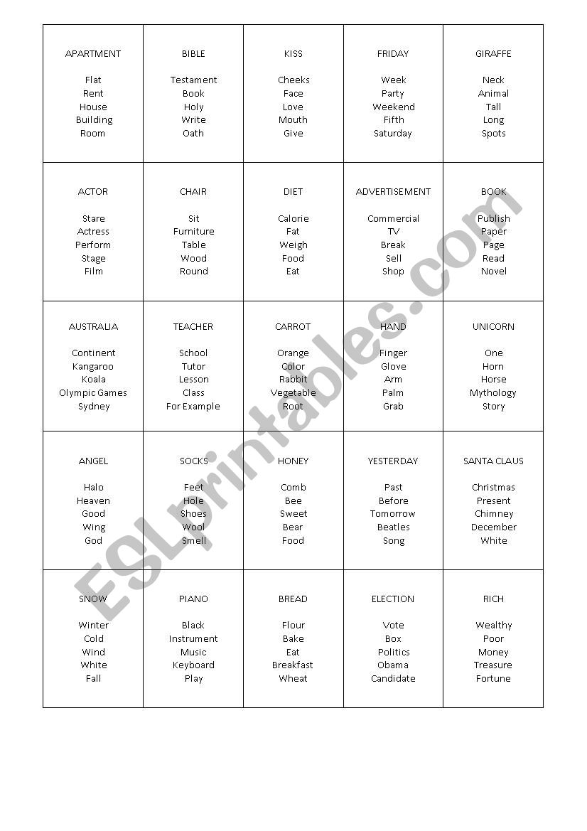 Taboo worksheet