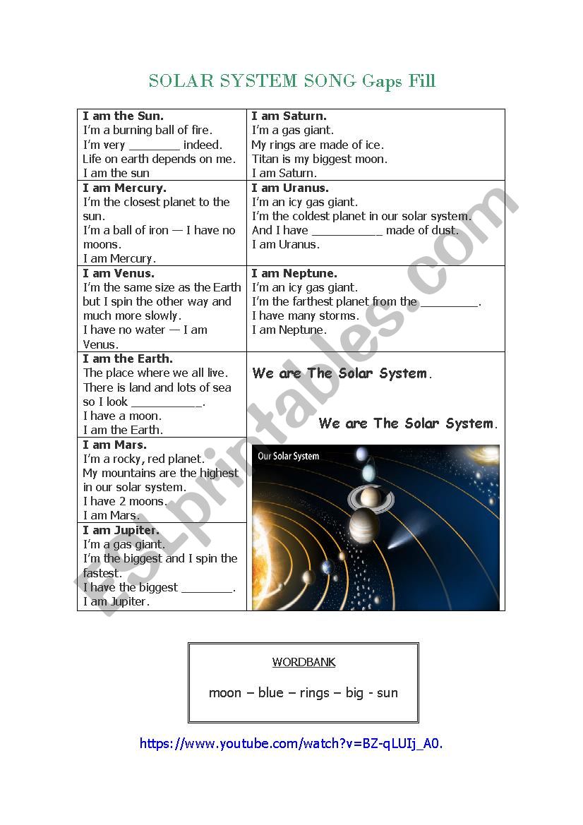 Solar System song - Gaps Fill worksheet