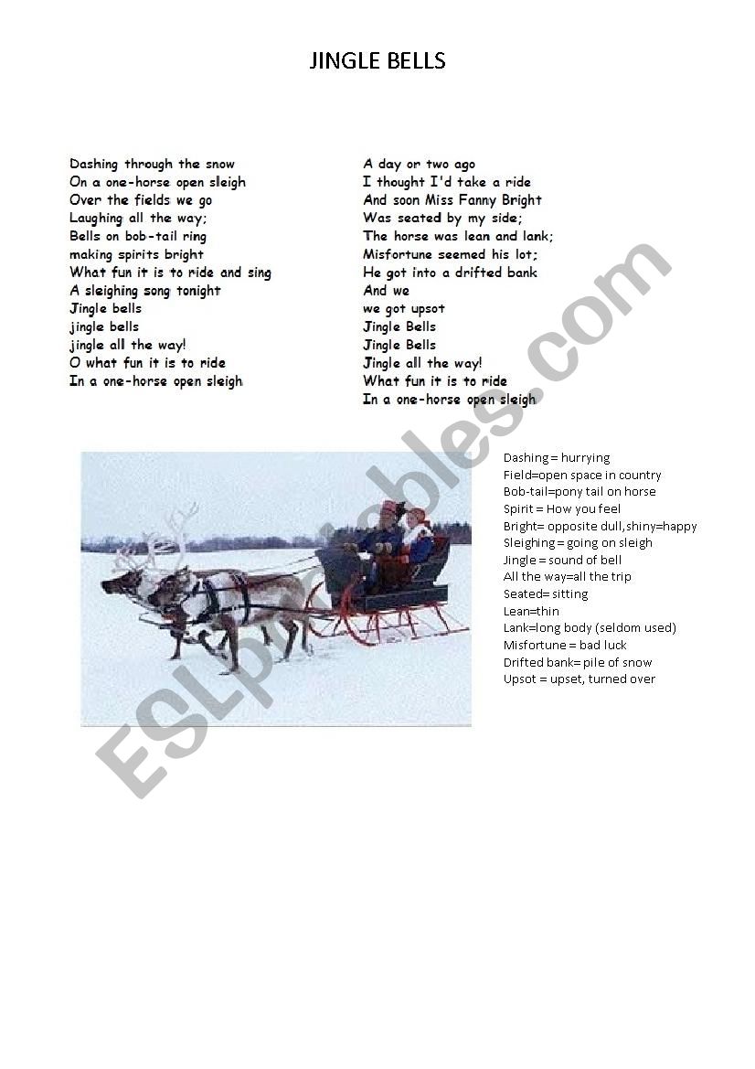 Jingle Bells Lyrics with vocabulary and picture of open sleigh/reindeer