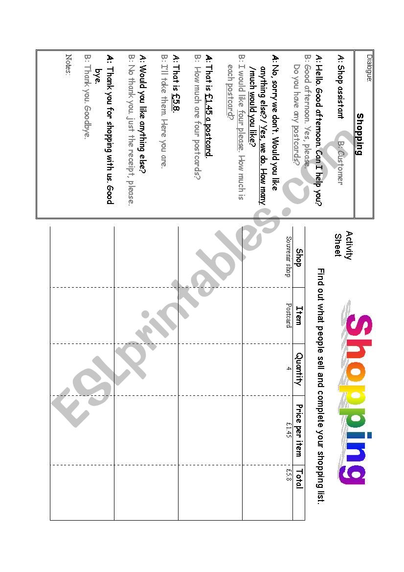 Shopping role play worksheet