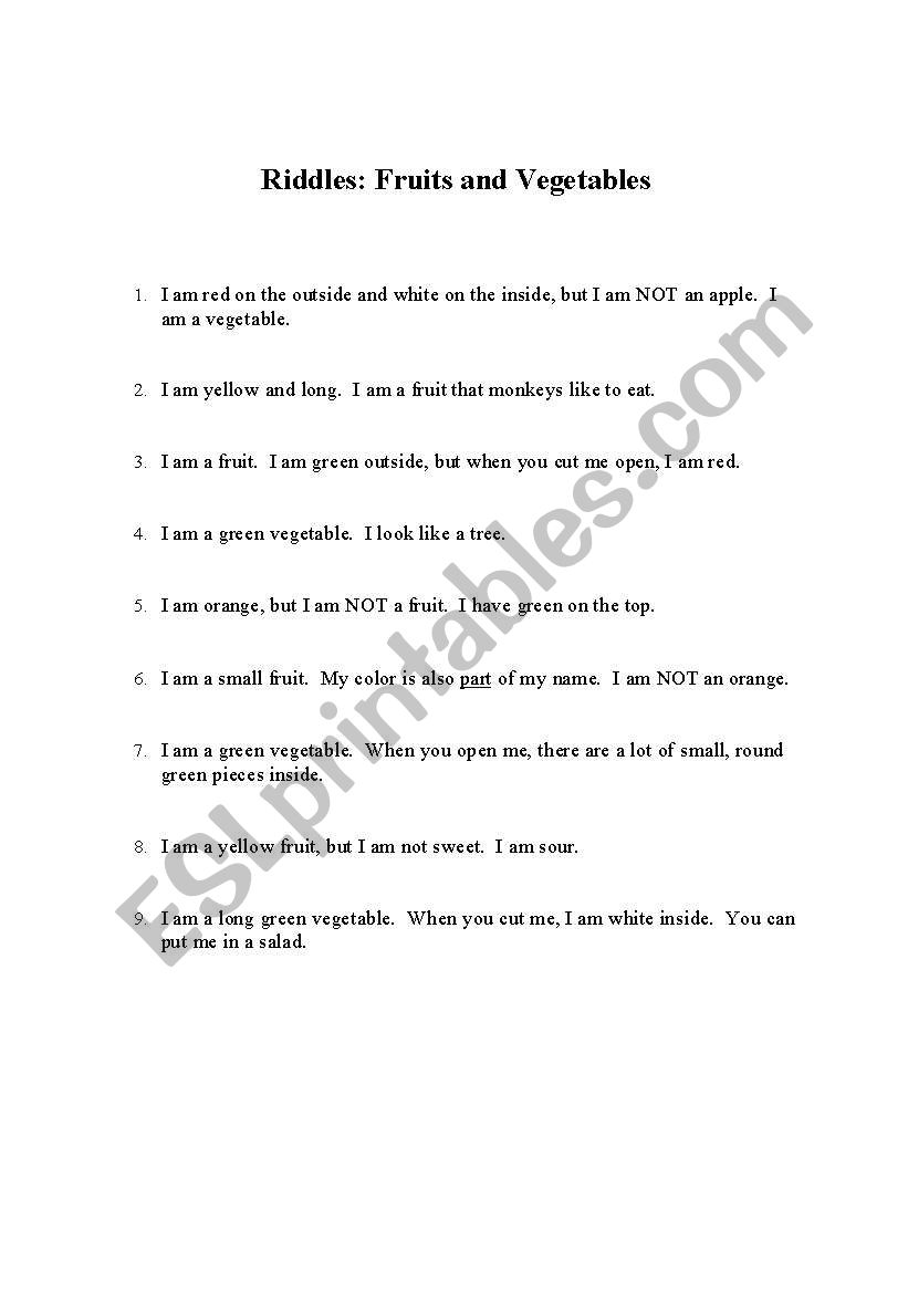 Fruits and vegetables riddles worksheet