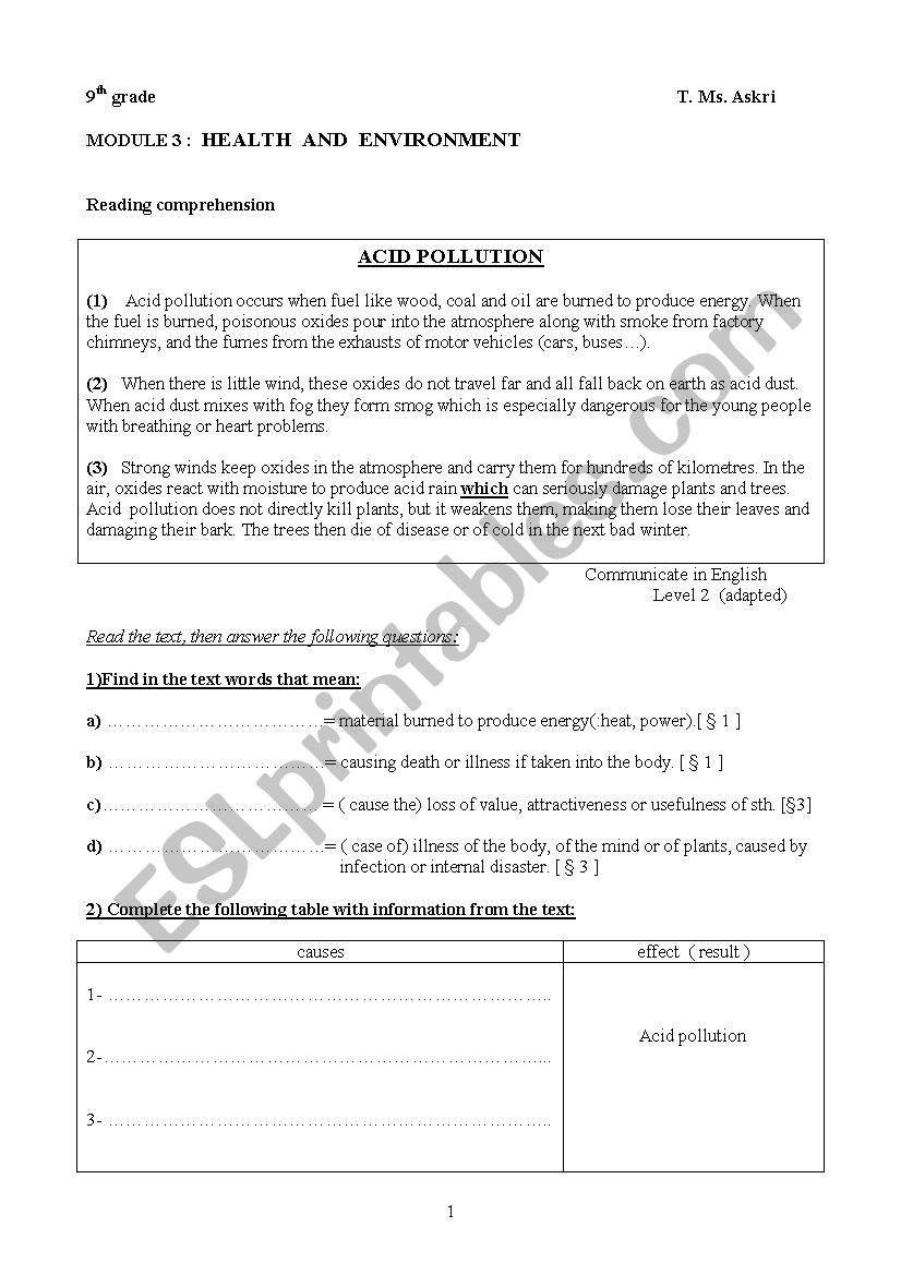 Acid Pollution ( 9th gr.) worksheet