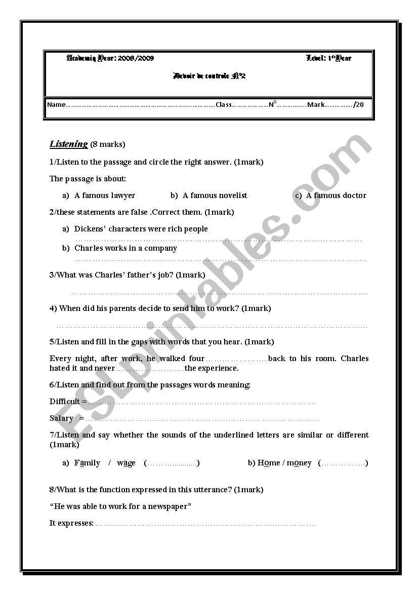 mid term test n2 for 1st form worksheet