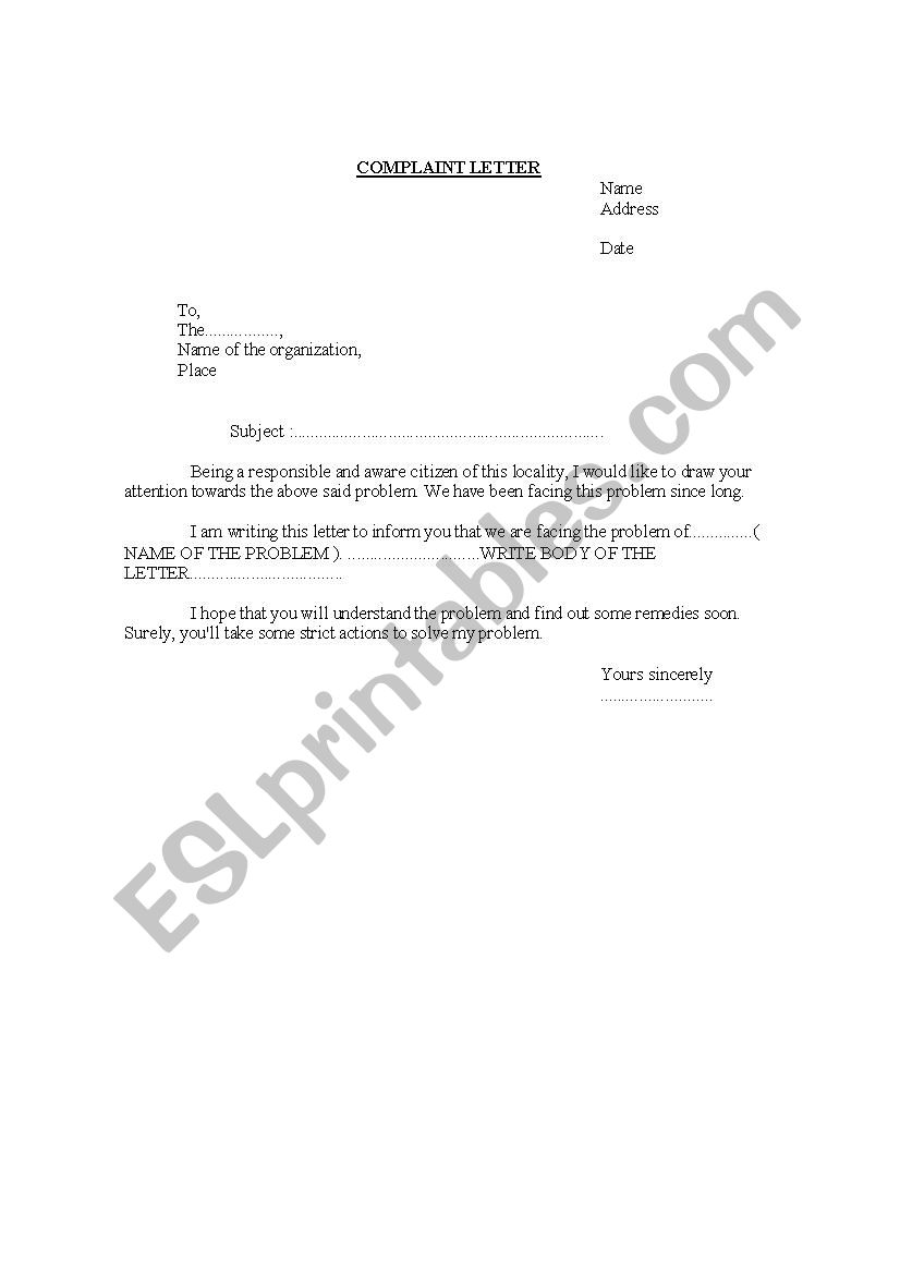 COMPLAINT LETTER  worksheet