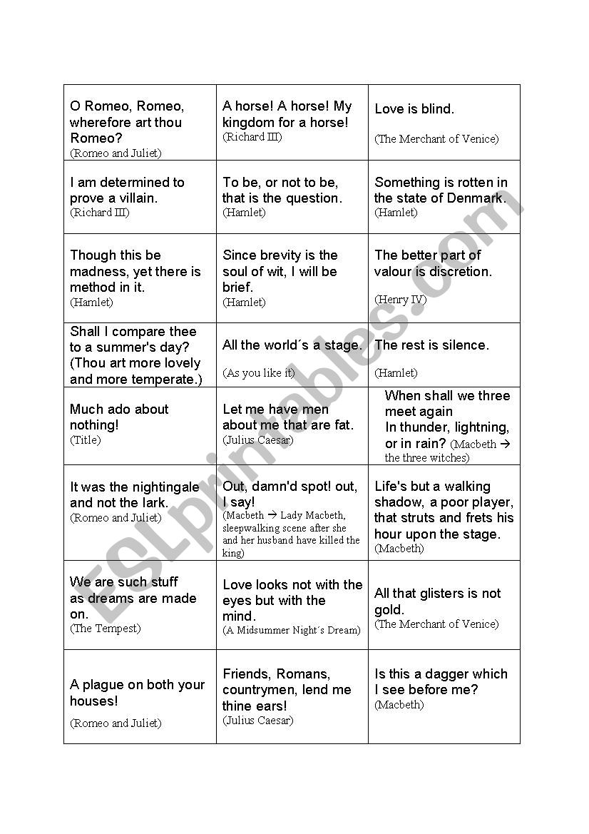 Introducing Shakespeare worksheet