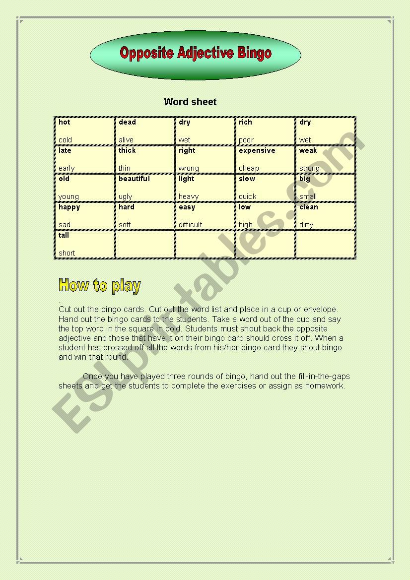 Opposite Adjectives Bingo worksheet