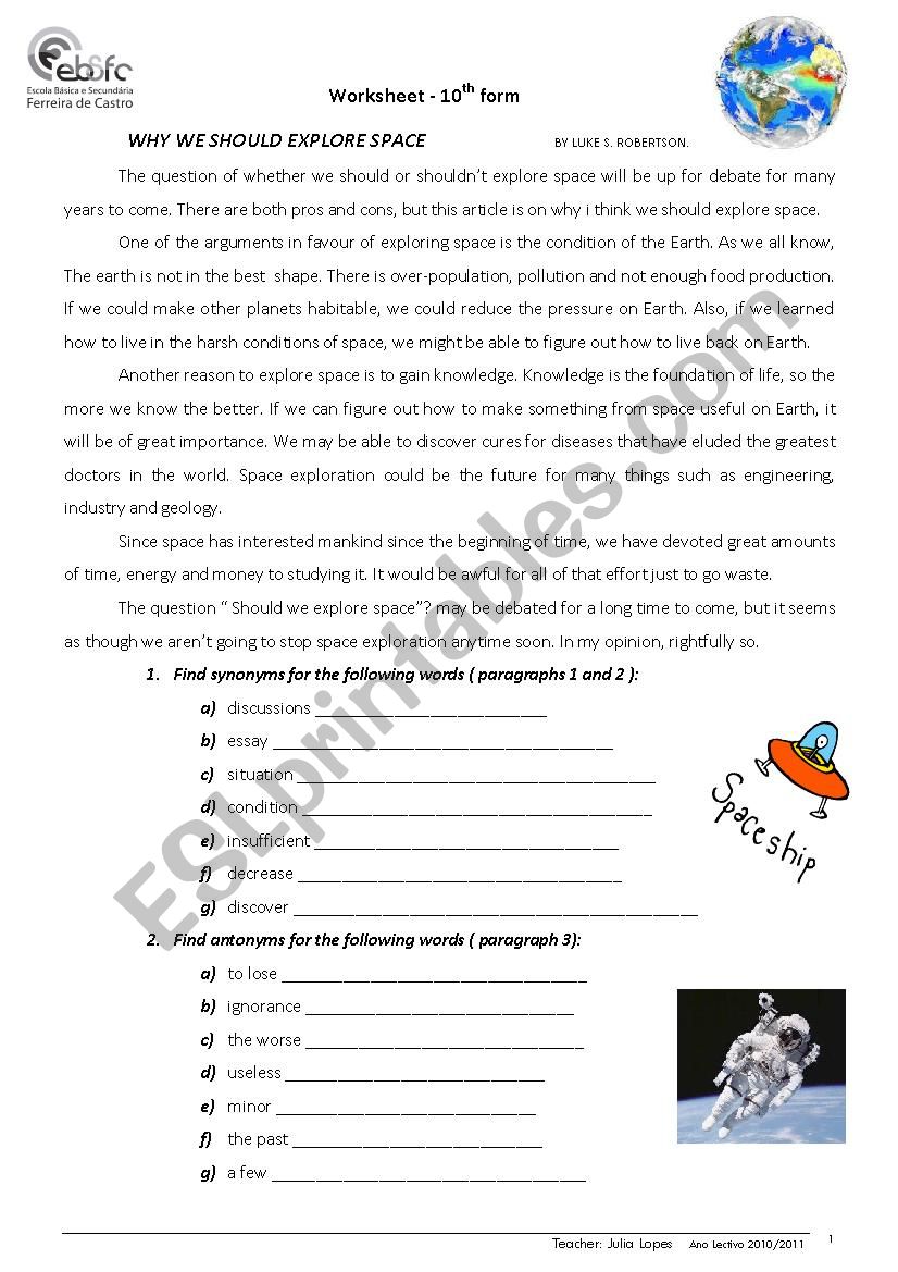 Space exploration worksheet