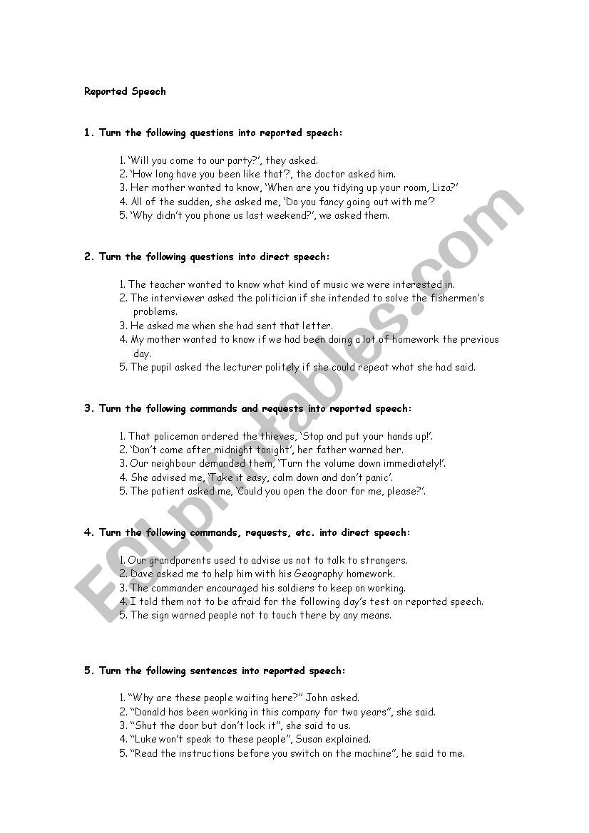 reported speech worksheet