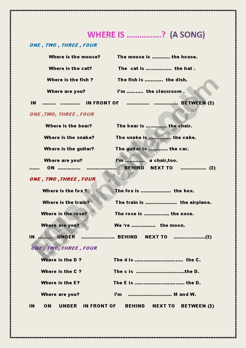 PREPOSITIONS  (A SONG) worksheet