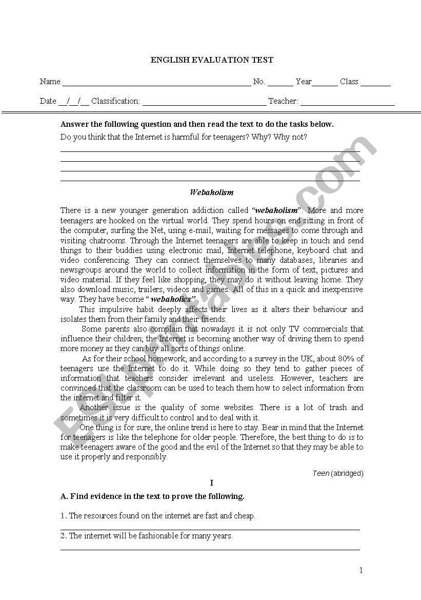 Test Internet worksheet