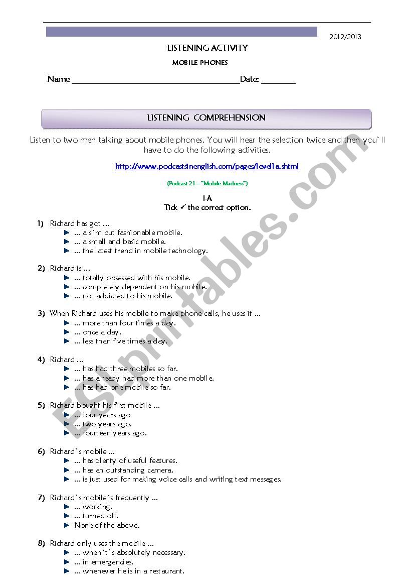 Mobile Madness worksheet