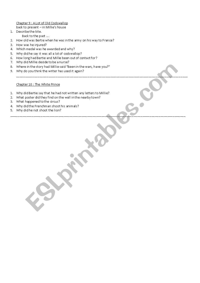 Butterfly Lion Chapter 9-10 worksheet