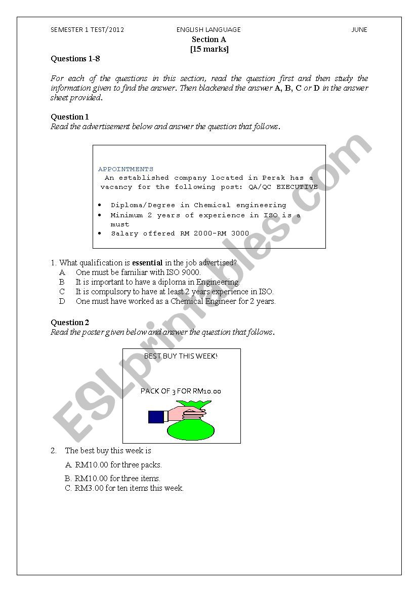 SEMESTER 1 TEST 2012 worksheet