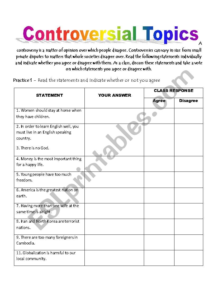 Controversial Topics worksheet