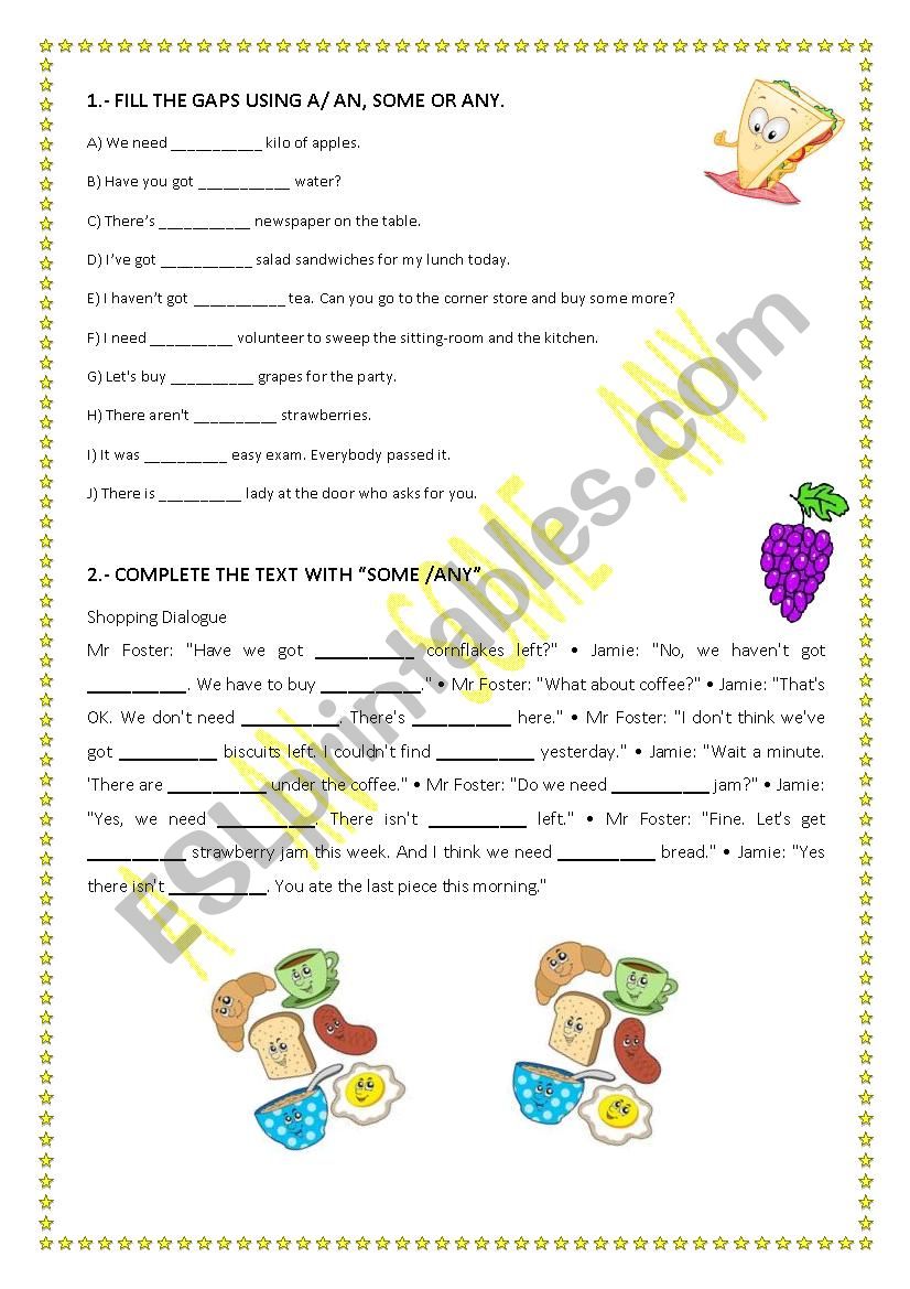A - AN - SOME - ANY EXERCISES worksheet