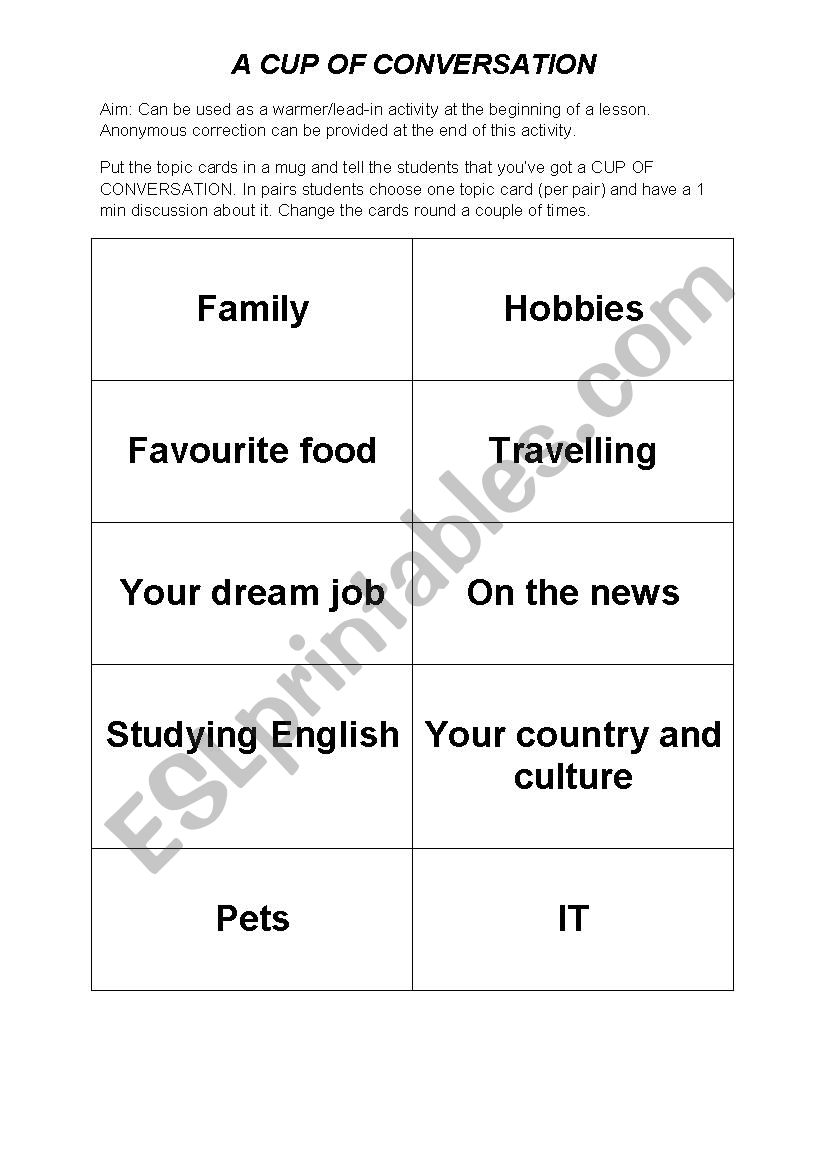 A cup of conversation worksheet