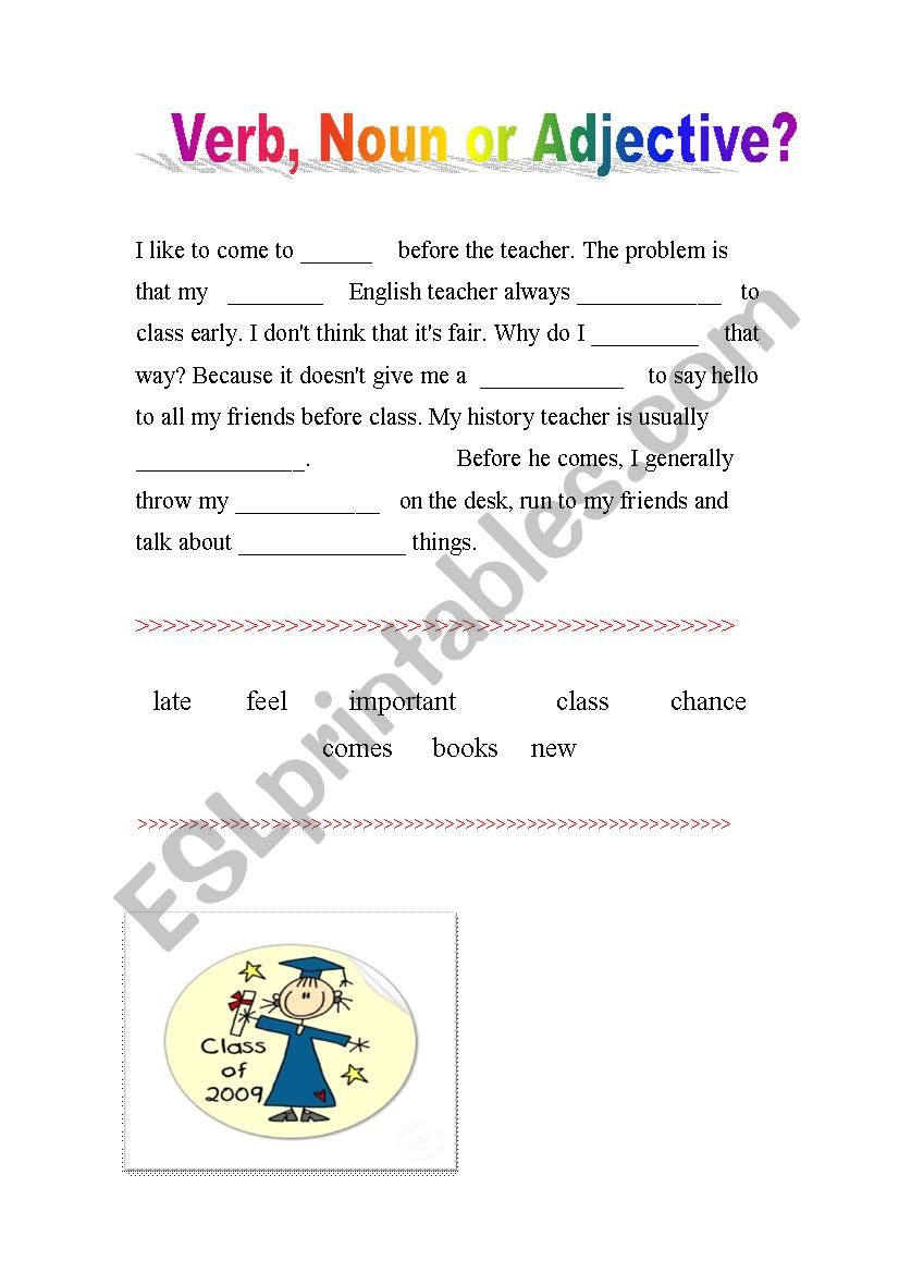 verb - noun - adbective worksheet