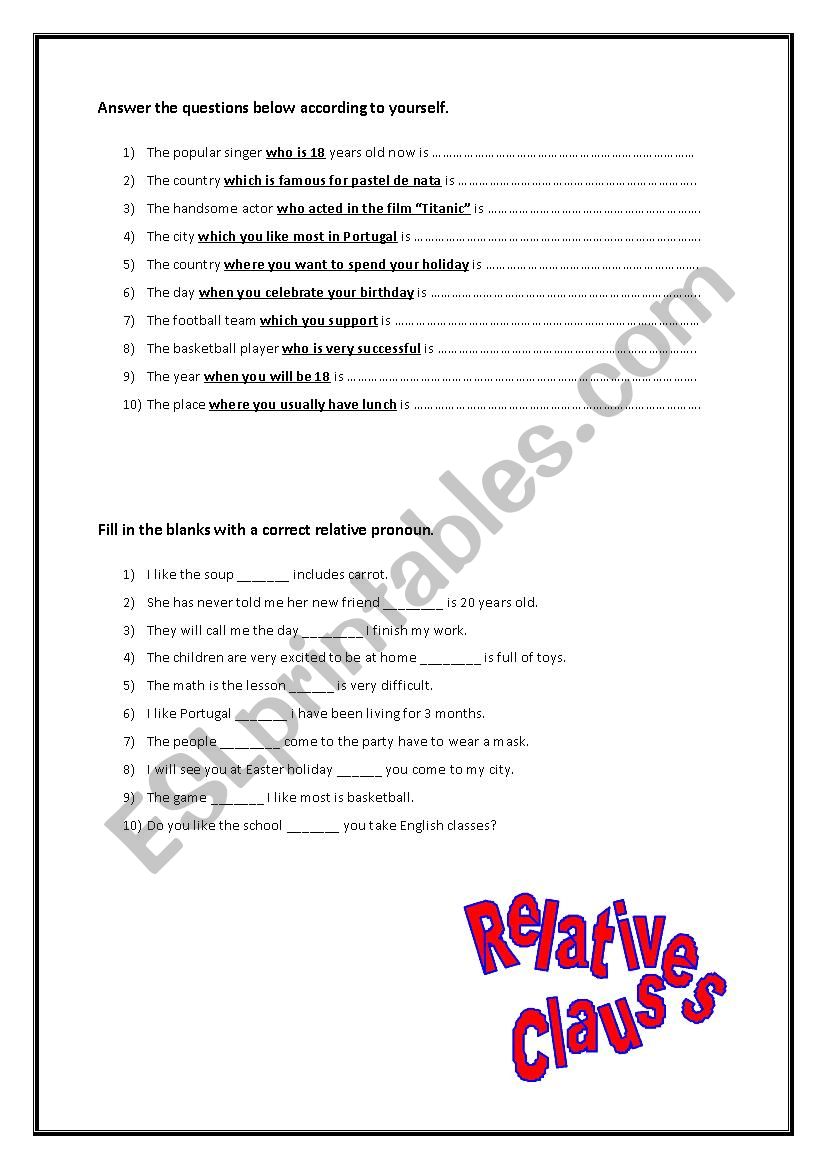 Relative Clauses worksheet