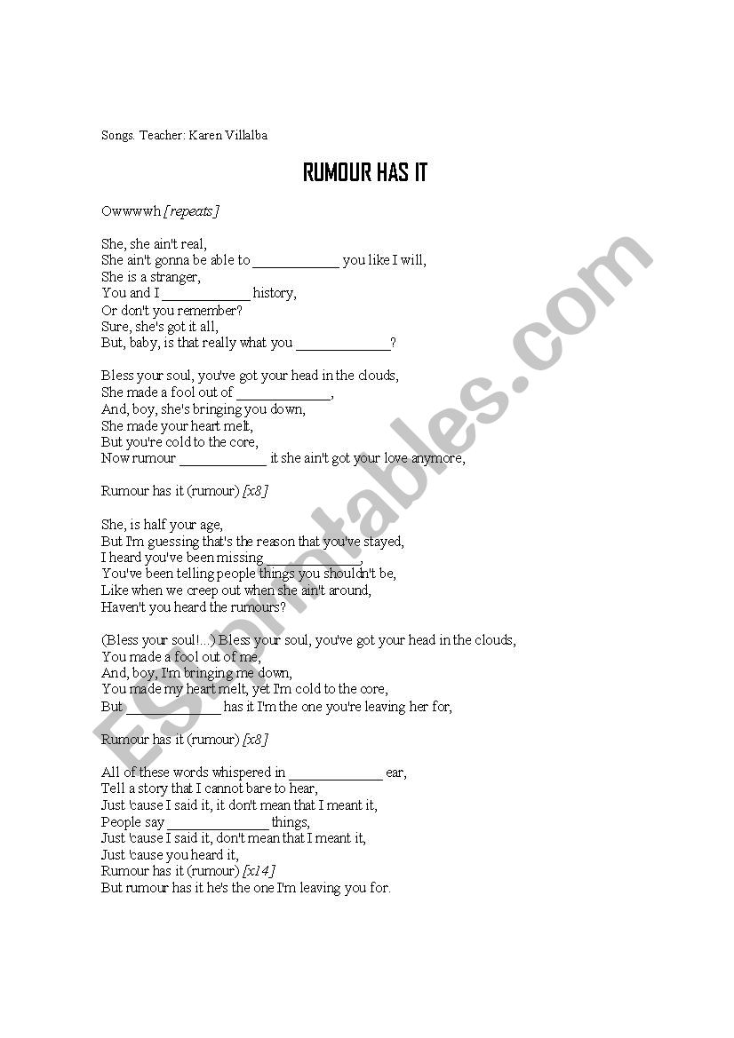 Song Rumour has it by Adele worksheet