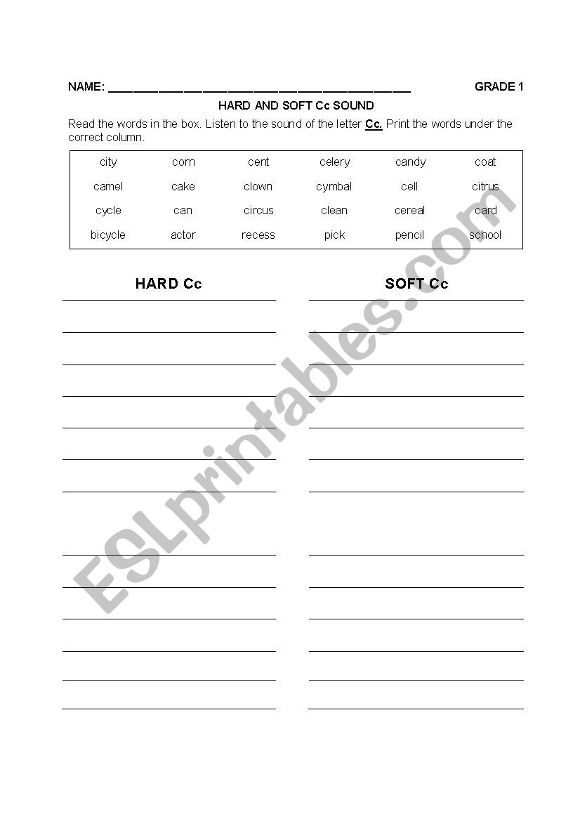Hard and Soft Gg and Cc Sound worksheet